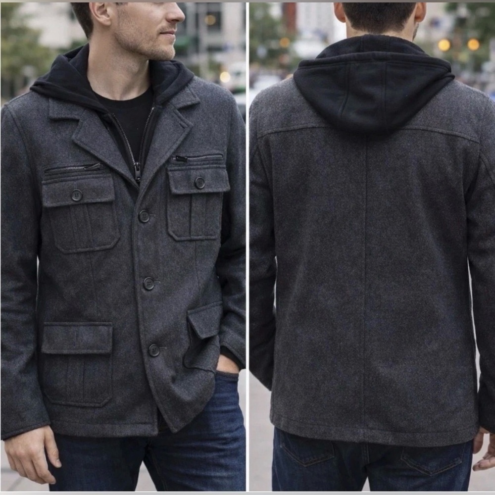 🌼NEW-BLACK REVIT WOOL/RAYON BLEND DETACHABLE HOOD BLACK JACKET